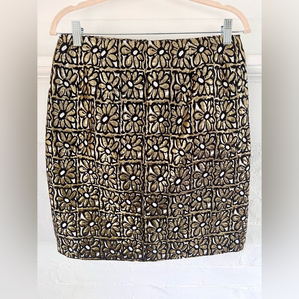 J. McLaughlin Perita Mini Skirt Vintage Daisy Gold Metallic Brocade Zip Front - Picture 3 of 14